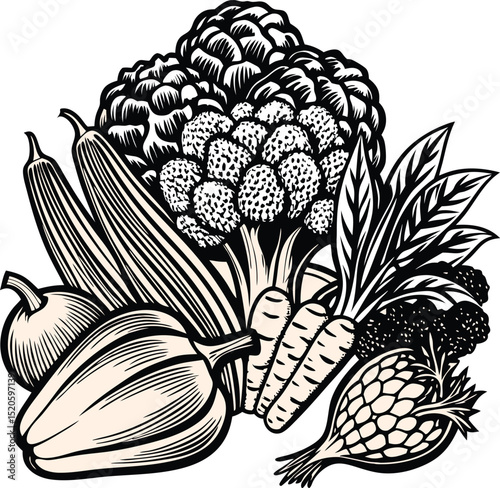 A Detailed Black and White Line Art Illustration of Fresh Vegetables Broccoli, Carrots, and More
