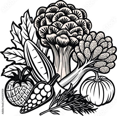 A Detailed Black and White Line Art Illustration of Assorted Vegetables Broccoli, Cucumber, Artichoke, Pumpkin, Tomato, and More