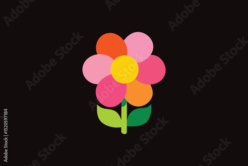 Cute pop flower details: pink orange yellow on black simple retro bloom: round petal & leaf graphic details