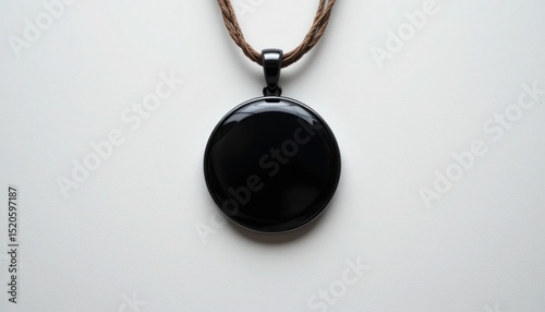 Close-up of a Black Pendant Necklace with Braided Brown Cord on White Surface