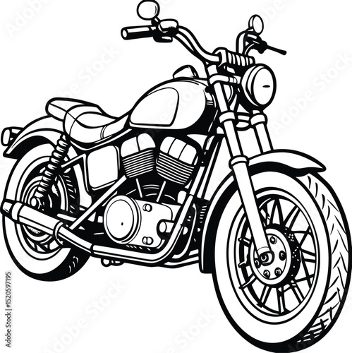 Detailed Line Drawing of a Classic Cruiser Motorcycle Black and White Illustration