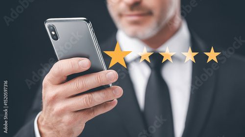 Man giving five-star customer service feedback on smartphone with smiley icons.
