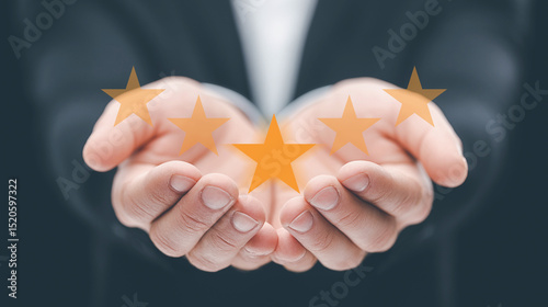 Hand holding five-star customer satisfaction, excellent service.