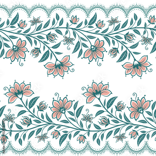 Abstract tropical hand drawn flower motif branches leaves wallpaper seamless background border.