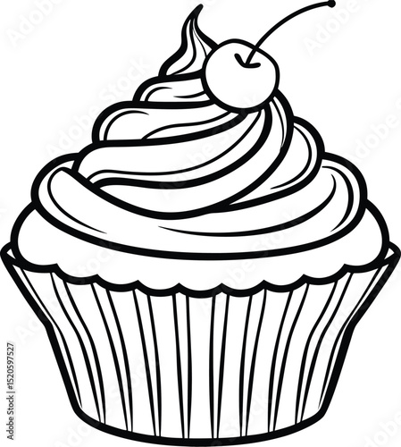 Bold Black and White Line Art Illustration  A Delectable Cupcake with Cherry, AIzaSyBWVGzLtc8kRXIMHLuWQEojzuIUOAQP-Xc