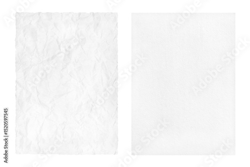 Two sheet white paper, one sheet is wrinkled, the other sheet is smooth  isolated on white..