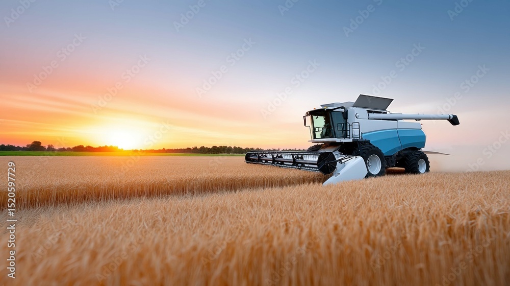 Fototapeta premium Modern Harvesting Combine in Wheat Field at Sunset