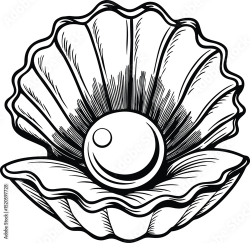 Ocean's Treasure: An exquisite pearl resting within the protective embrace of an open clam shell. A symbol of oceanic beauty and natural elegance, the image features a timeless design