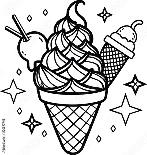 Ice Cream Delight: A whimsical illustration of various ice cream treats, perfect for coloring and evoking feelings of joy, summer, and sweetness. 