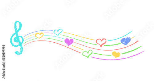 Musical key with crayon lines and hearts. Fun hand-drawn charcoal signs with stamp texture, music underline, and hearts in vibrant kindergarten color scheme. Colorful vector card illustration