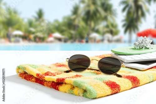 A beach towel with sunglasses and a keyboard on it