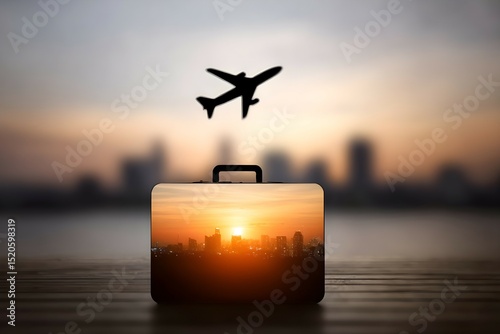 A suitcase is opened to reveal a cityscape with a plane flying in the background