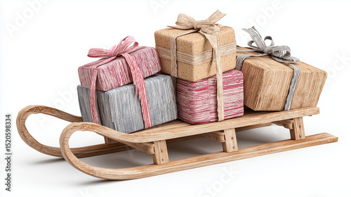 Wooden sled with wrapped gift boxes and ribbon, positioned diagonally on white.