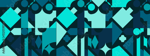 dark blue and cyan abstract mosaic with dark blue background