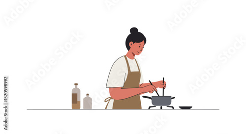 Cooking At Home: Woman Stirring Pot in Kitchen Illustration