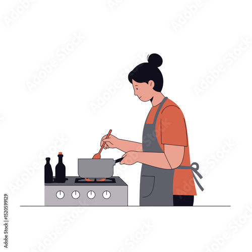 Cooking at Home: Woman Stirring Pot on Stove Illustration