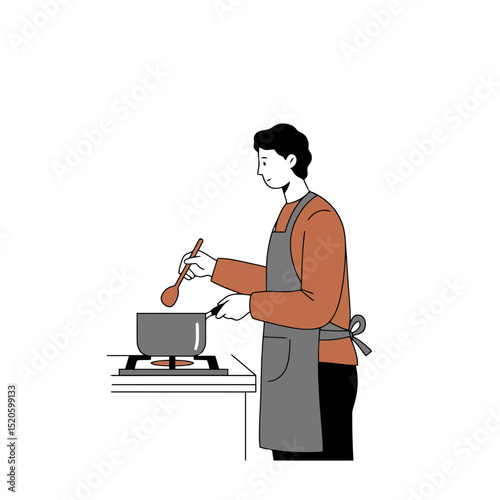 Cooking Illustration: Man Stirring Pot on Stove