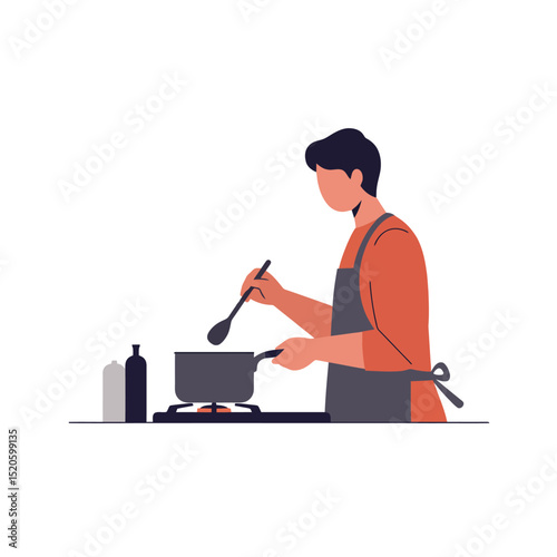 Cooking Illustration: Man Stirring Pot on Stove