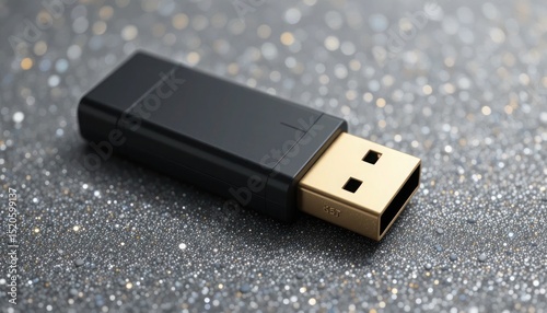 Close-up of a Black and Gold USB Flash Drive on a Sparkly Surface