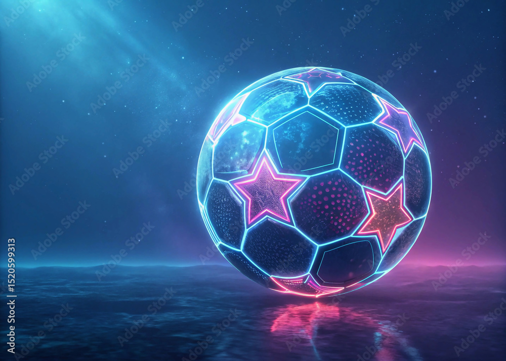 Naklejka premium soccer ball on blue background, Futuristic Neon Soccer Ball on Alien Planet – Sci-Fi Digital Art