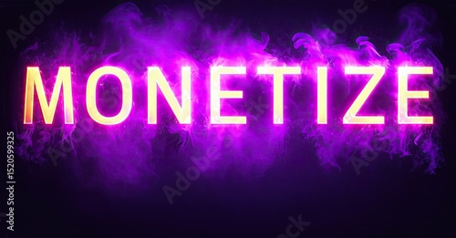 Bright neon text spells MONETIZE against dark purple background. Glowing effects create dramatic visual impact. Simple, bold presentation.