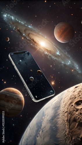 Smartphone illuminated in galaxy cosmic space with planets stars vertical design great for advertising electronics business and tech services laralara for creating ads news