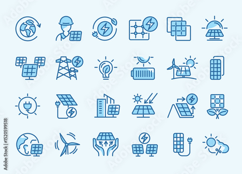 Line icons set of solar energy, renewable power, eco-friendly technology, sustainability, wind and sun energy, battery storage, and green innovation for environment-focused vector design.