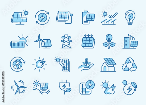 Line icons set of solar energy, renewable power, eco-friendly technology, sustainability, wind and sun energy, battery storage, and green innovation for environment-focused vector design.