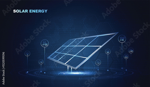 Futuristic solar panel technology concept with digital interface, clean energy, and sustainable power generation for innovation, environment, and green energy solutions. vector design.