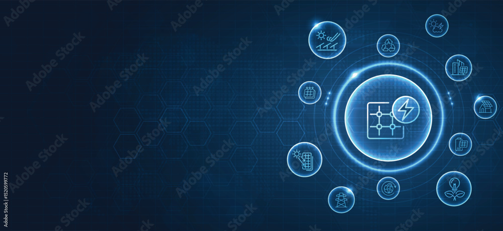 Fototapeta premium Solar panel array for clean energy, global solar energy network, clean technology icons, and renewable power innovation on digital world map background. vector design.