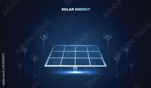 Futuristic solar panel technology concept with digital interface, clean energy, and sustainable power generation for innovation, environment, and green energy solutions. vector design.