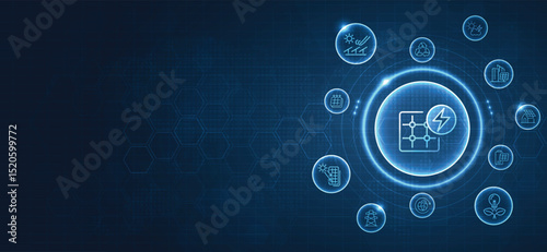 Solar panel array for clean energy, global solar energy network, clean technology icons, and renewable power innovation on digital world map background. vector design.
