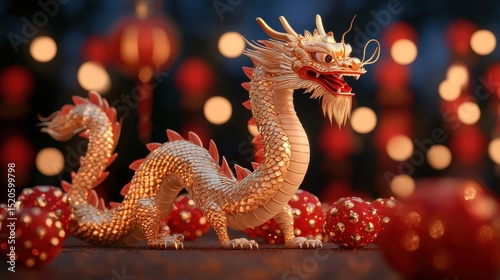 Vibrant and ornate Chinese New Year scene showcasing a magnificent gold dragon surrounded by auspicious symbols and traditional