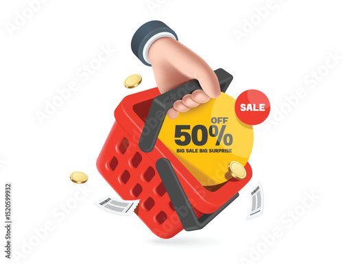 Left hand is holding red shopping basket with a yellow 50% off  promotion sign or tag label placed in basket, vector 3d illustration isolated for banner advertising design, online shopping concept