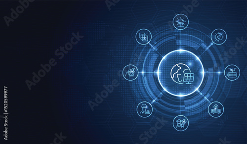 Solar panel array for clean energy, global solar energy network, clean technology icons, and renewable power innovation on digital world map background. vector design.