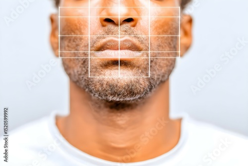 A man's face is shown in a grid of squares
