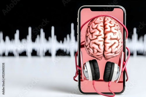 A phone with headphones on it and a brain on the screen