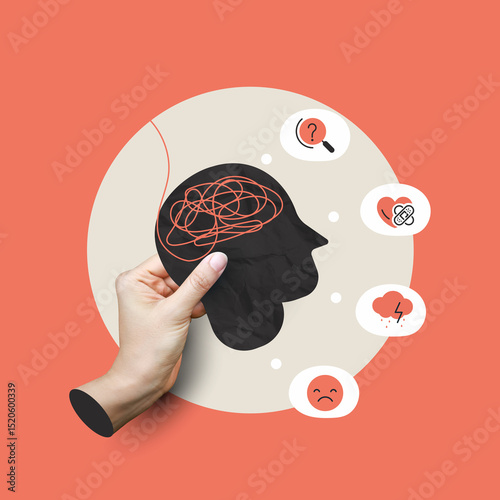 Conceptual image of mental health, showing a hand holding a black paper-cut human head with tangled red lines symbolizing anxiety and overthinking with icons representing mental struggles and healing.