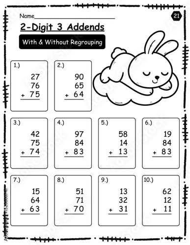 Math exercises for kids. Adding two-digit and three-digit numbers. Black and white math with cute cartoon pictures. Calculate and write the results.