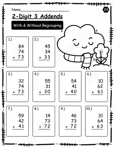 Math exercises for kids. Adding two-digit and three-digit numbers. Black and white math with cute cartoon pictures. Calculate and write the results.