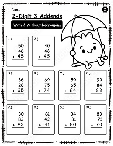 Math exercises for kids. Adding two-digit and three-digit numbers. Black and white math with cute cartoon pictures. Calculate and write the results.