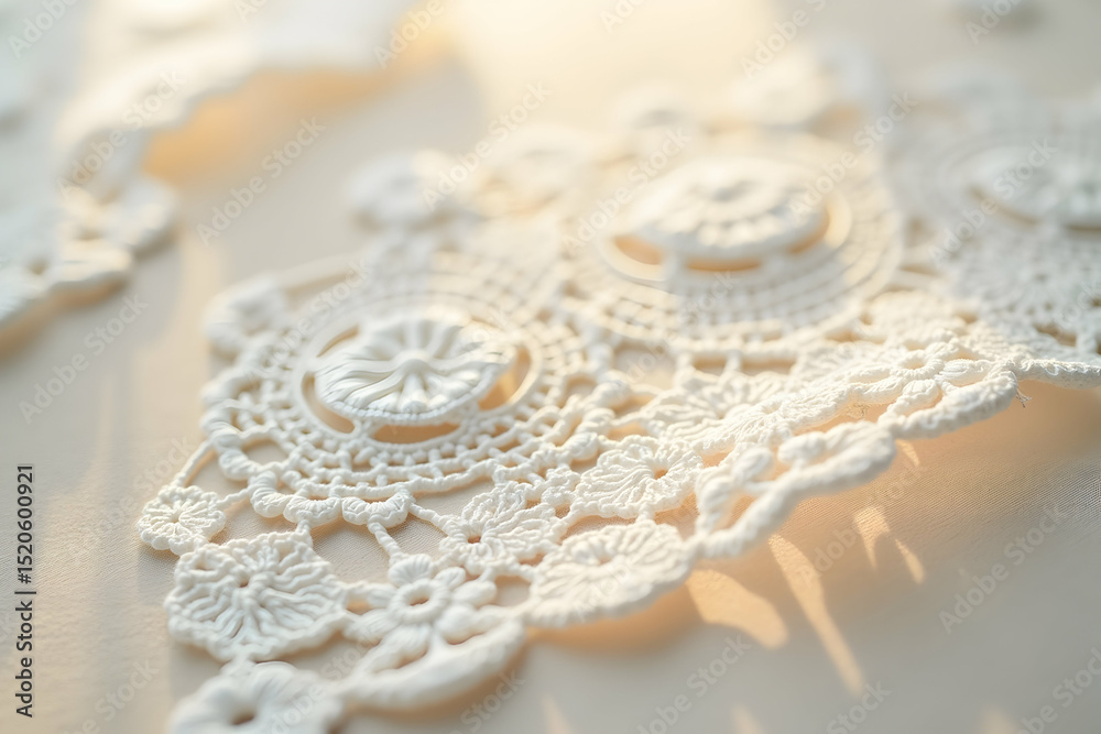 Obraz premium Exquisite Sicilian Lace Table Adornment, An Intricately Rendered Close-Up Showcasing Delicate Floral Patterns and Fine Craftsmanship
