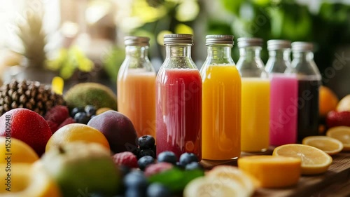 Assorted Colorful Fresh Fruit Juices in Glass Bottles on Wooden Table with Fruits under Sunlight with Bright Background