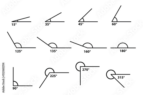 Different Angles degrees template set. Measure and geometric math symbol collection set. Educational school learning. trigonometry school lesson