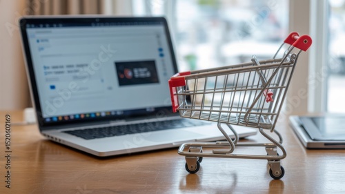 A miniature shopping cart is placed next to a laptop on a wooden table, highlighting the convenience of online shopping.