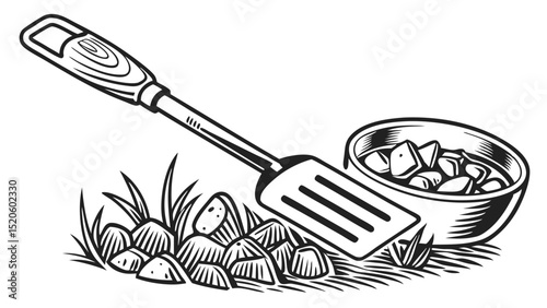 Illustration of spatula with food and bowl for cooking and serving culinary dishes and kitchen utensils