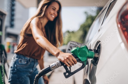 Woman filling gas tank at station outdoors