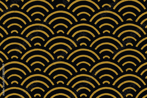 Seamless Japanese Seigaiha Wave Pattern with Golden Arcs on Black Background