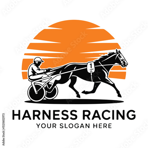 Silhouette of horse and jockey in harness race at sunset