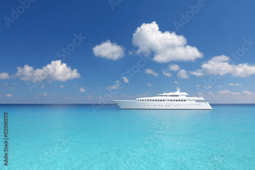 luxurious yacht gliding through crystal clear waters under bright blue sky with soft fluffy clouds